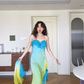Vintage Sheath Spaghetti Strap Ruffle Yellow Blue Ombre Chiffon Prom Dress Wedding Guest Dress SH4550