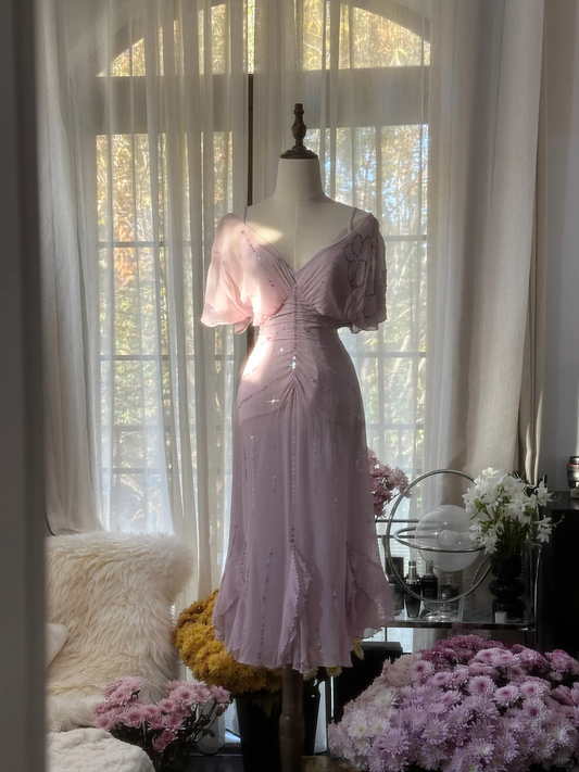 Gentle A Line V Neck Sequin Light Purple Chiffon Party Dress Wedding Guest Dress SH2963