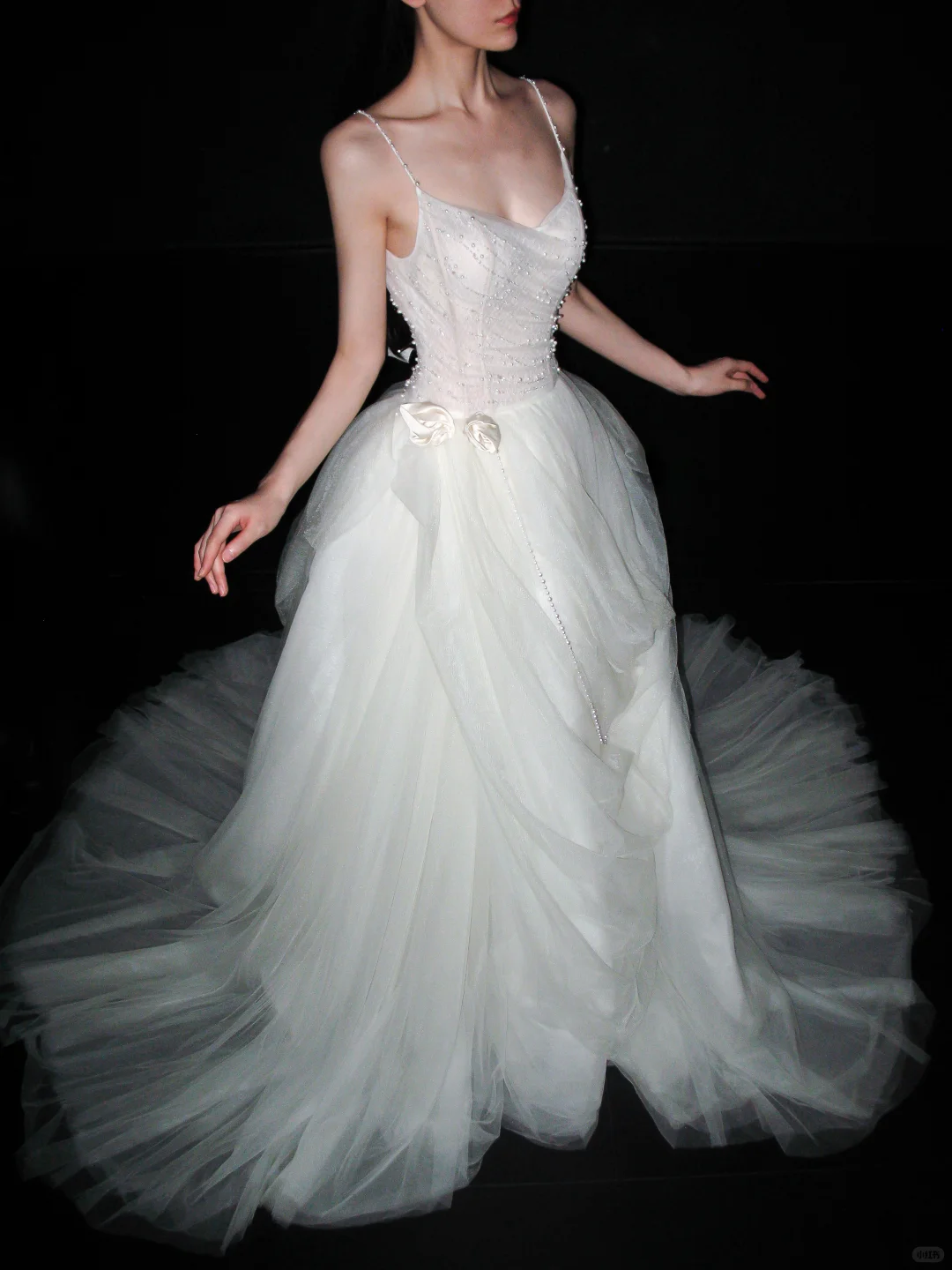 Pretty A Line Spaghetti Straps Pearl White Tulle Long Wedding Dress SH5962