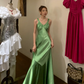 Vintage Mermaid V Neck Beaded Green Satin Long Prom Dress Party Dress SH3034