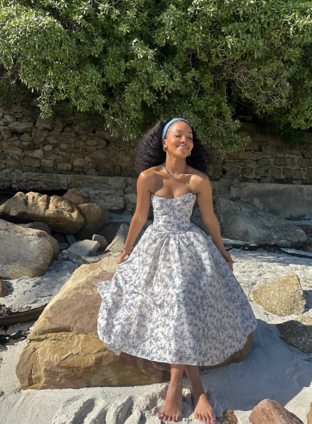 Cute A Line Strapless Blue Print Flower Satin Party Dress Wedding Guest Dress SH3123