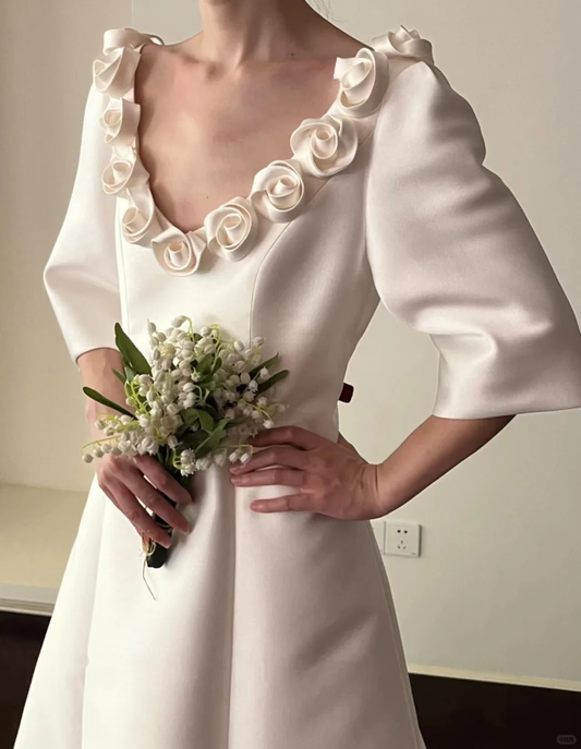 Vintage Simple A Line Long Sleeve White Rose Satin Wedding Dress SH4999