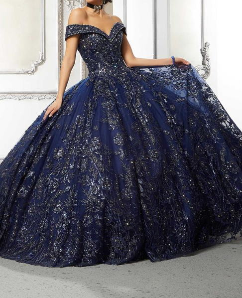 Navy Blue Ball Gown Off the Shoulder Beaded Sequin Tulle Sweet 16 Dress, Quinceanera Dress SH5126