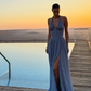 Blue A Line Halter Chiffon Open Back Prom Dress Evening Dress with Slit SH2030