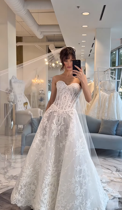 Exquisite White Lace A Line Strapless Long Wedding Dress SH6102