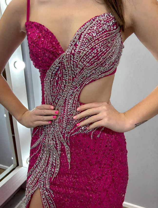 Hot Pink Sheath Straps Shiny Beaded Sequin Tulle Long Prom Dress Evening Dress SH6781