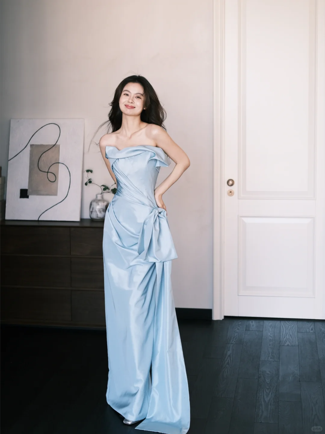 Elegangt Blue A Line Strapless Pleated Bow Satin Prom Dress Party Dresses SH4585