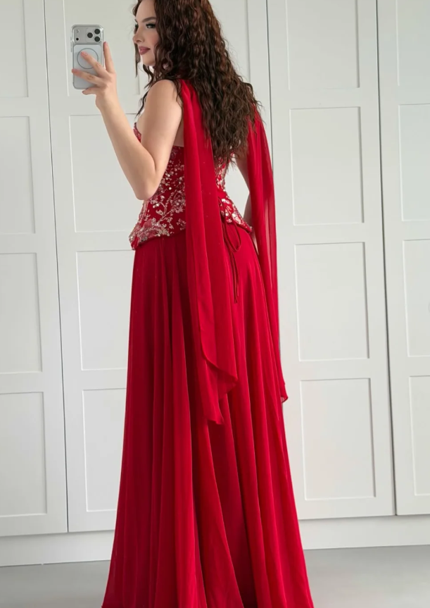 Red A Line Strapless Exquisite Embroidery Chiffon Long Prom Dress Evening Dress SH7292