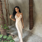 Beige A Line Spaghetti Strap Floral Satin Prom Dress Evening Dress SH3907