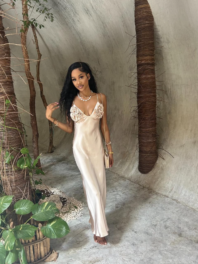 Beige A Line Spaghetti Strap Floral Satin Prom Dress Evening Dress SH3907