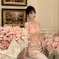 Elegant Mermaid Off the Shoulder Apricot Lace Satin Prom Dress Evening Dress Formal Gown SH3923