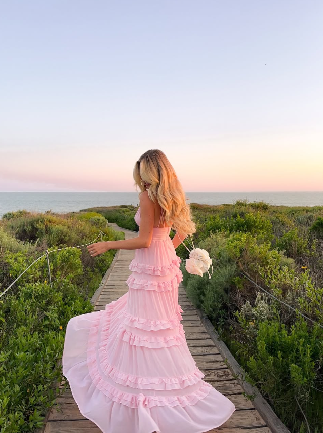 Simple Pink A Line Spaghetti Strap Layered Chiffon Open Back Date Dress Outfits SH3883