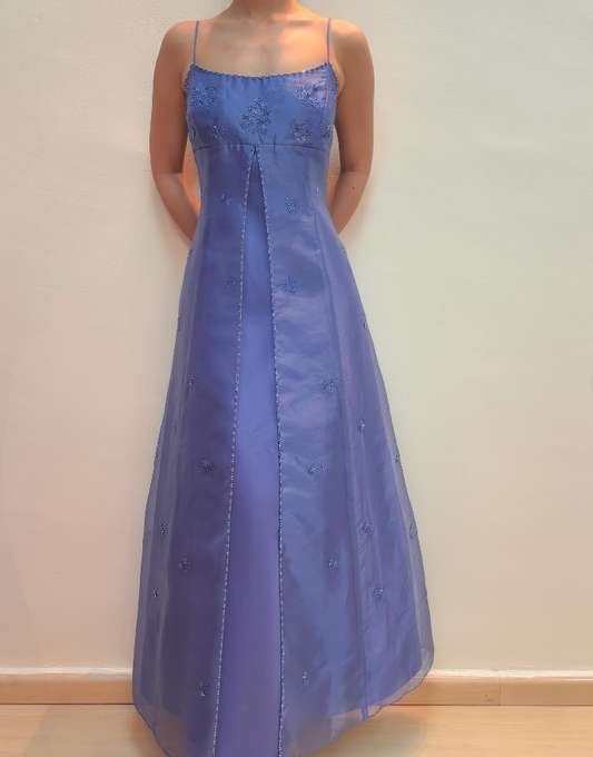 Stunning A Line Spaghetti Strap Beaded Purple Tulle Satin Prom Dress Evening Dress SH2223