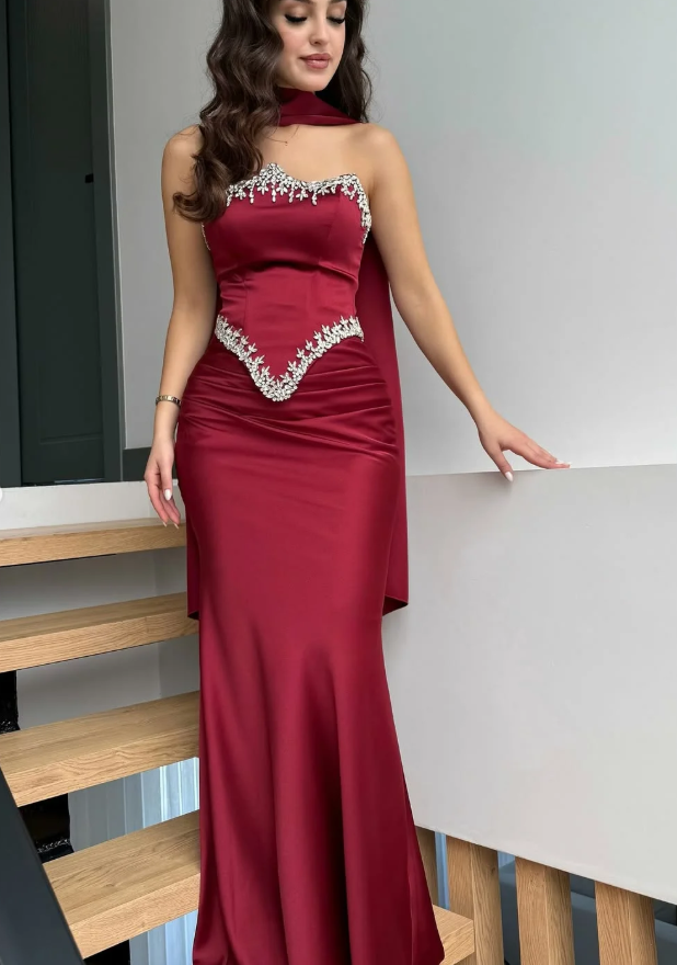 Red Sheath Strapless Exquisite Beaded Satin Prom Dress Evening Dress SH5415