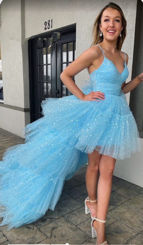 Unique Spaghetti Strap Blue Layered Tulle Sequined Hi-Lo Prom Dress SH624