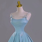 Blue A Line Spaghetti Strap Pearl Bow Satin Prom Dress Graduation Prom Dress SH2463