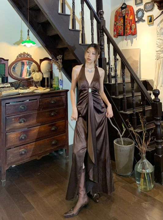 Brown Retro A Line Halter Satin Party Dress Evening Dress with Slit SH3370