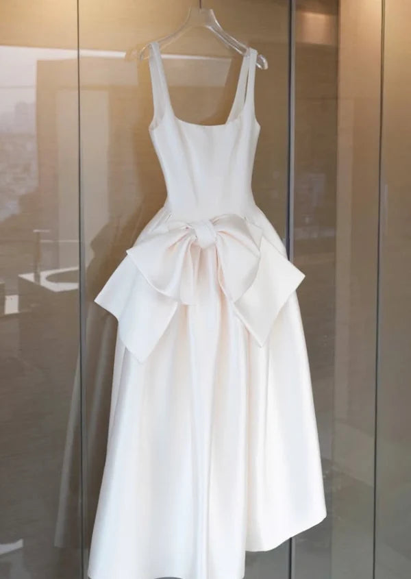Elegant A Line Strap Exquisite Bow Knot White Satin Prom Dress Evening Dress SH8774
