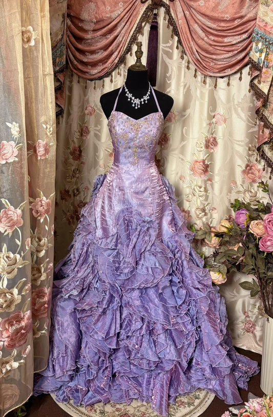 Exquisite Purple Ball Gown Halter Embroidery Layered Satin Long Prom Dress Evening Dress SH3720