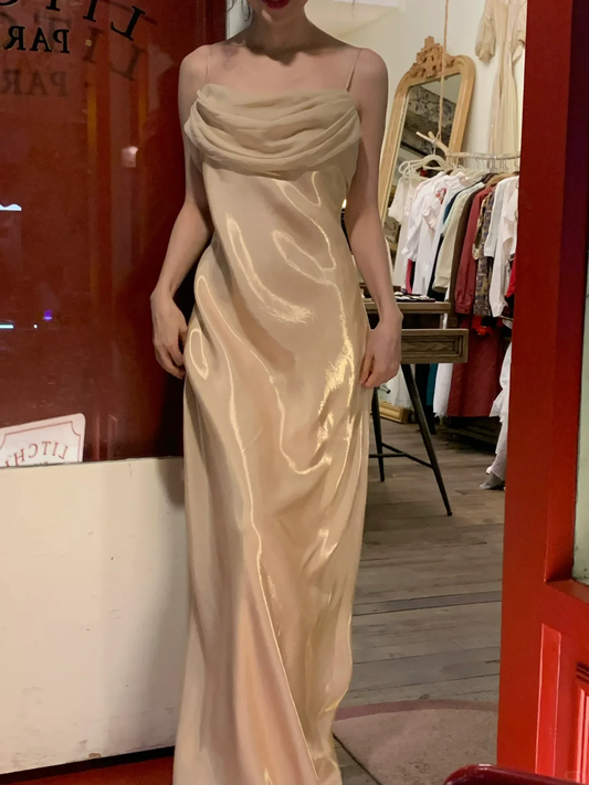 Vintage Apricot A Line Spaghetti Strap Satin Prom Dress 22th Birthday Dress SH4411