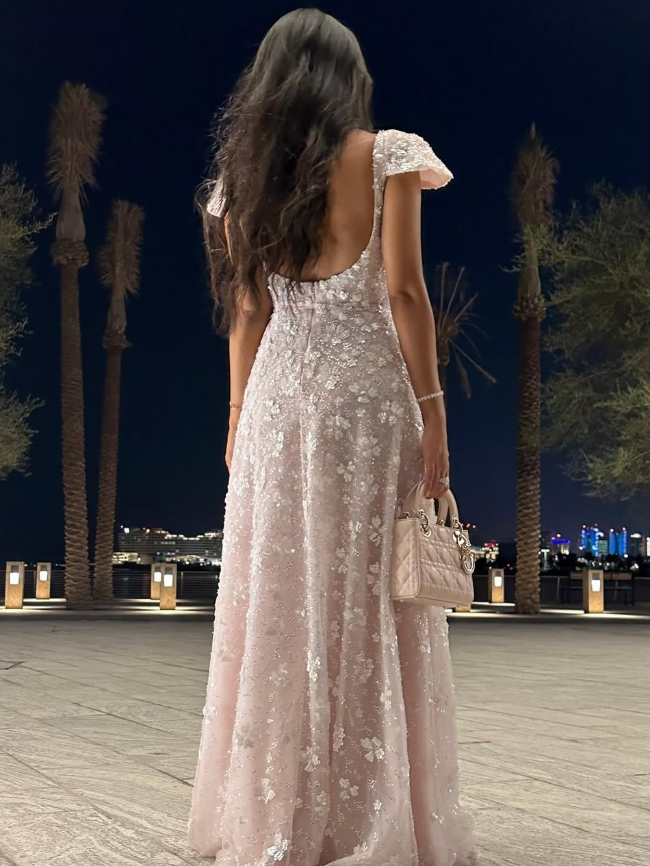 Light Pink A Line Exquisite Beaded Floral Tulle Prom Dress Wedding Guest Dress SH4724