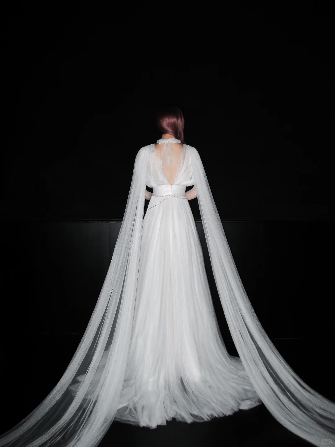 Flowy White Tulle A Line Long Sleeve High Neck Wedding Dress SH5972