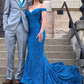 Off Shoulder Blue Mermaid Lace Long Evening Dresses，Formal Prom Dress SH639