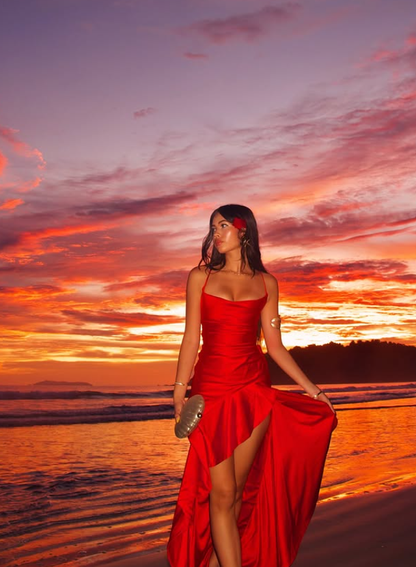 Red Mermaid Spaghetti Strap Ruffle Satin Open Back Prom Dress Vacation Dress with Slit SH4477