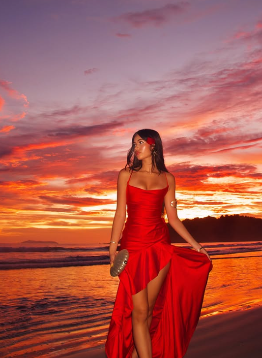 Red Mermaid Spaghetti Strap Ruffle Satin Open Back Prom Dress Vacation Dress with Slit SH4477