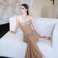 Exquisite Rhinestone Champagne Mermaid Sweetheart Neck Black Tulle Long Evening Dress Gown Dress SH3585