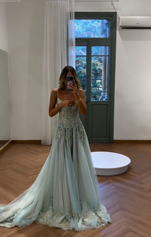 Baby Blue A Line Straps Exquisite Beaded Tulle Prom Dress Wedding Guest Dress SH5351