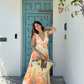 Yellow A Line Strap Orange Print Floral Chiffon Prom Dress Vacation Dress SH6256