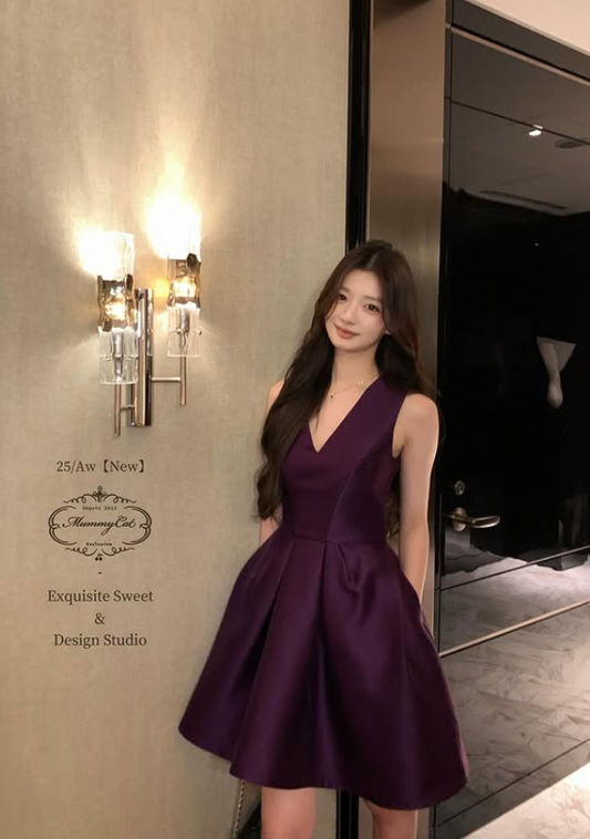 Cute A Line V Neck Purple Satin Short Homecoming Dress Outfits SH5219