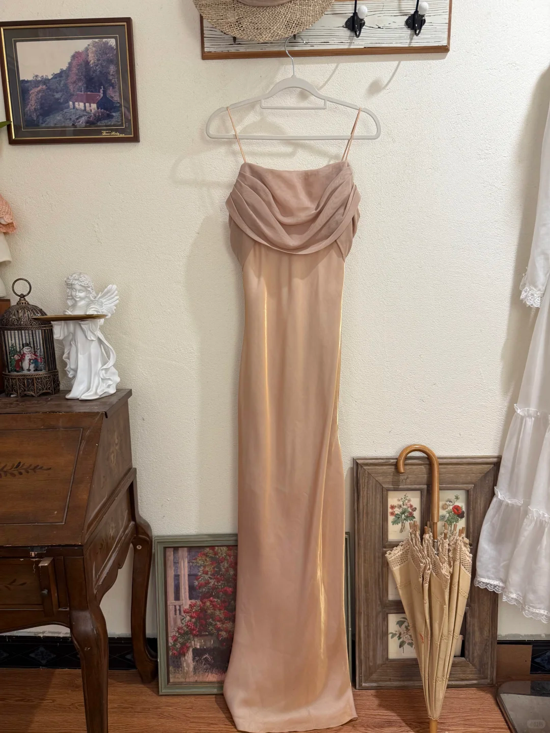 Simple A Line Spaghetti Strap Light Champagne Gold Satin Evening Dress Party Dress SH2679