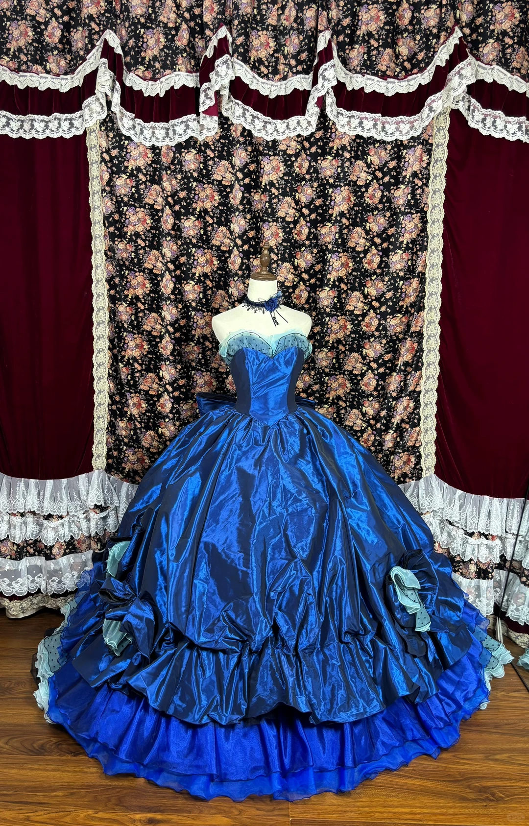 Vintage Royal Blue Satin Layered Tulle Prom Dress Party Evening Dress SH5695