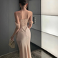Elegant Mermaid Off the Shoulder Apricot Lace Satin Prom Dress Evening Dress Formal Gown SH3923