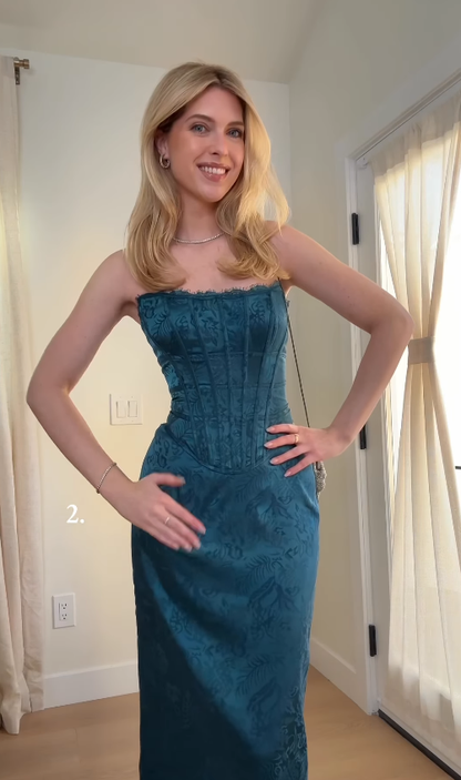 Dark Blue Print Sheath Strapless Satin Prom Dress Evening Dress SH8367