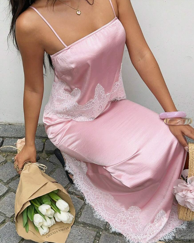 Gentle Pink Sheath Spaghetti Strap Lace Satin Long Prom Dress Evening Dress SH8506