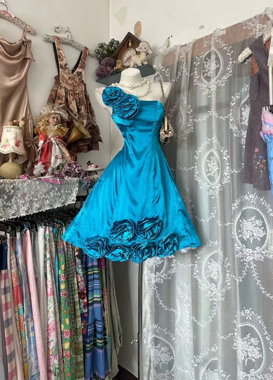 Vintage A Line One Shoulder Floral Blue Satin Short Homecoming Dress Outfits SH5819