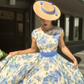 Vintage A Line Round Neck Blue Print Floral Satin Prom Dress Evening Dress SH4251