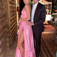 Classic Pink A-line Strapless Side Slit Long Party Prom Dresses SH650