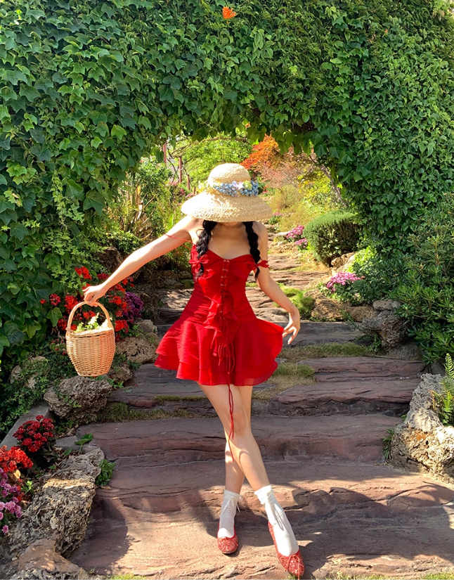 Bright Red A Line Spaghetti Strap Ruffle Chiffon Short Homecoming Dress Vacation Dress SH4154