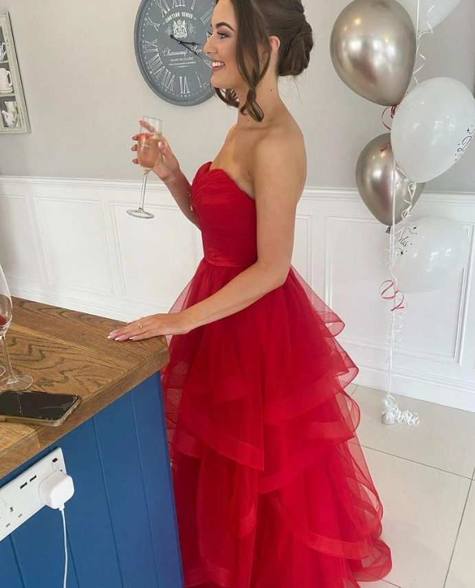 Charming Red A Line Sweetheart Neck Layered Organza Prom Dress Evening Dress SH6707