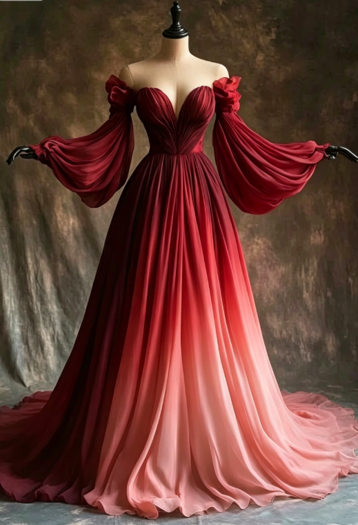 Unique A Line Long Sleeve Orange Ombre Chiffon Prom Dress Evening Dress  SH2363