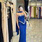 Royal Blue Sheath Strapless Exquisite Beaded Satin Prom Dress Evening Dress SH5413