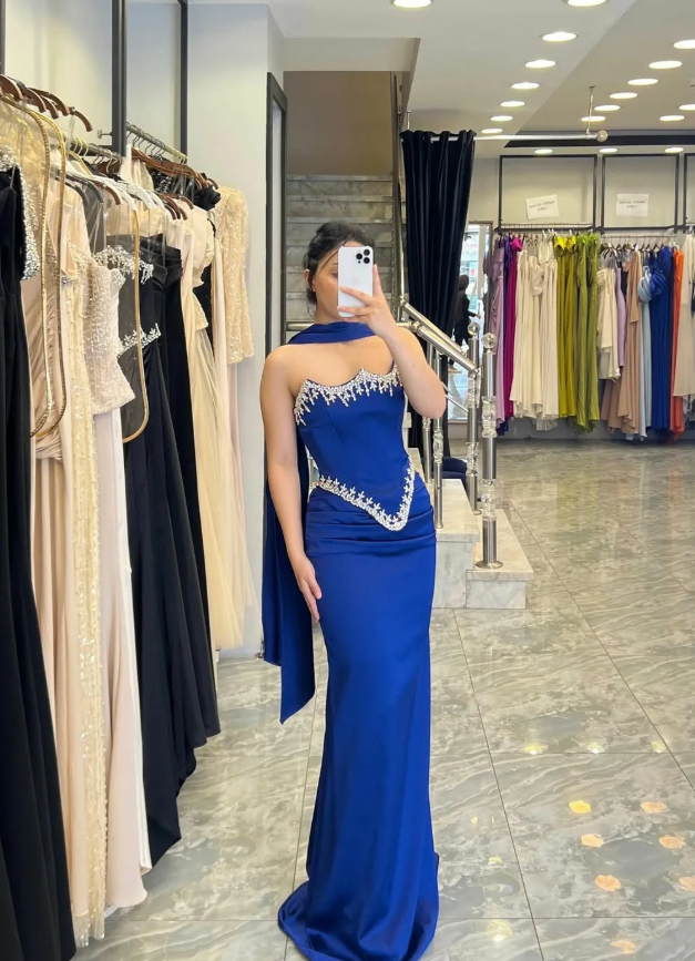 Royal Blue Sheath Strapless Exquisite Beaded Satin Prom Dress Evening Dress SH5413