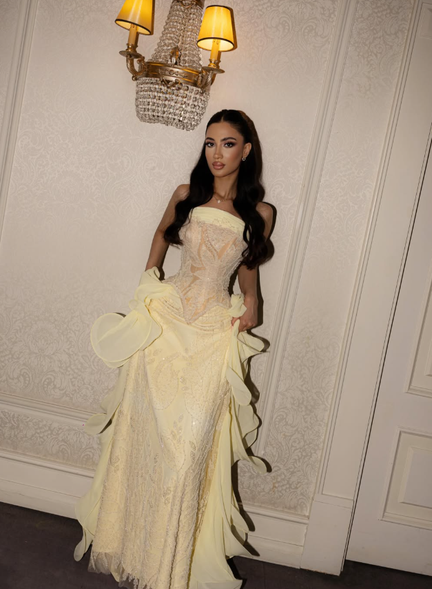 Pretty Yellow A Line Strapless Lace Chiffon Prom Dress Evening Dress SH6433