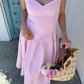 Princess Pink A Line Spaghetti Strap Simple Satin Prom Dress Vacation Dress SH6254