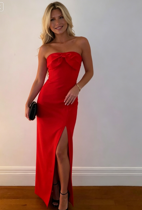 Red Strapless Bow-knot Slit Prom Dresses SH1124