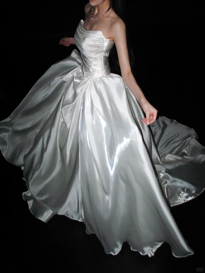 Pretty Ball Gown Strapless Corset Pleated White Satin Long Wedding Dress SH8893
